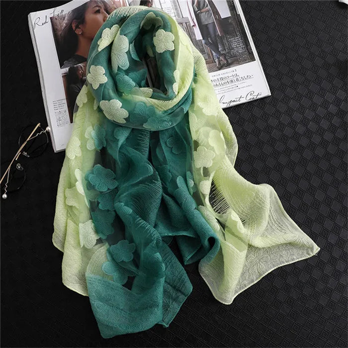 2024 NEW Fashion Women Cut Flowers Hollow Lace Gradient Flower Silk Scarf Spring Shawls and Wraps Towel Femme Beach Sjaals 27