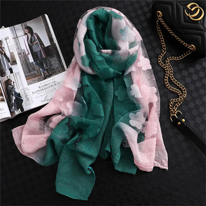 2024 NEW Fashion Women Cut Flowers Hollow Lace Gradient Flower Silk Scarf Spring Shawls and Wraps Towel Femme Beach Sjaals