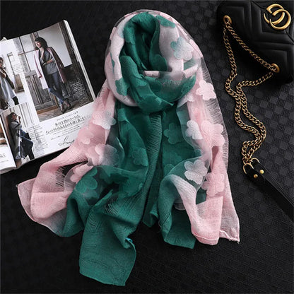 2024 NEW Fashion Women Cut Flowers Hollow Lace Gradient Flower Silk Scarf Spring Shawls and Wraps Towel Femme Beach Sjaals 19