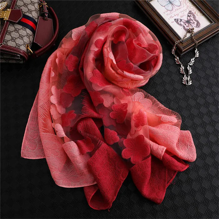2024 NEW Fashion Women Cut Flowers Hollow Lace Gradient Flower Silk Scarf Spring Shawls and Wraps Towel Femme Beach Sjaals 33