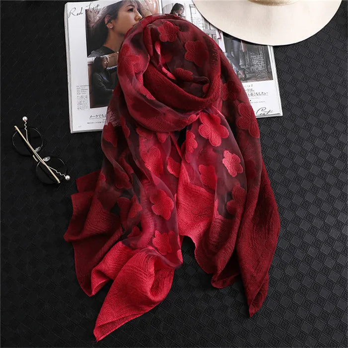 2024 NEW Fashion Women Cut Flowers Hollow Lace Gradient Flower Silk Scarf Spring Shawls and Wraps Towel Femme Beach Sjaals 25