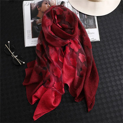 2024 NEW Fashion Women Cut Flowers Hollow Lace Gradient Flower Silk Scarf Spring Shawls and Wraps Towel Femme Beach Sjaals 25