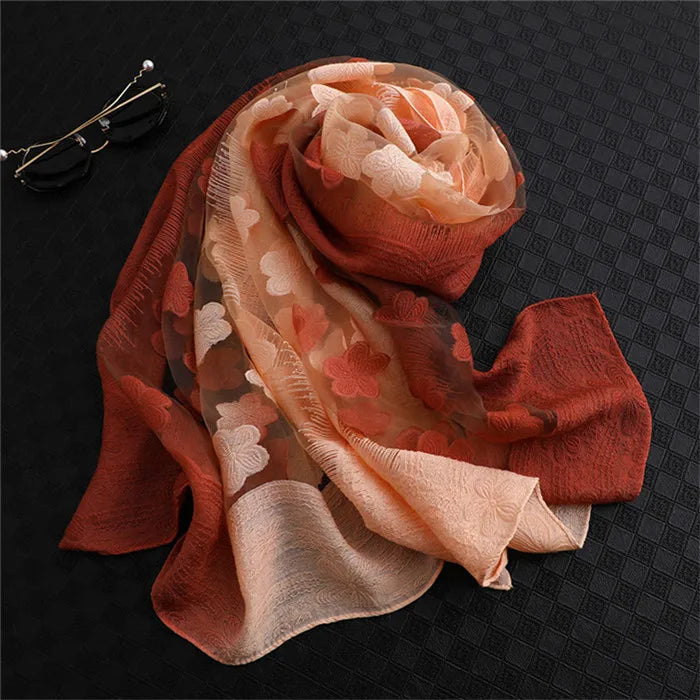 2024 NEW Fashion Women Cut Flowers Hollow Lace Gradient Flower Silk Scarf Spring Shawls and Wraps Towel Femme Beach Sjaals 21