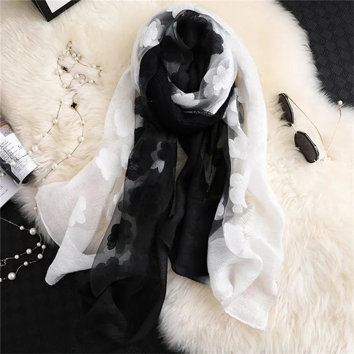 2024 NEW Fashion Women Cut Flowers Hollow Lace Gradient Flower Silk Scarf Spring Shawls and Wraps Towel Femme Beach Sjaals 18