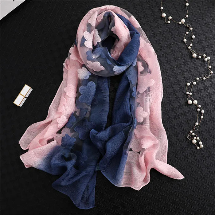 2024 NEW Fashion Women Cut Flowers Hollow Lace Gradient Flower Silk Scarf Spring Shawls and Wraps Towel Femme Beach Sjaals 17