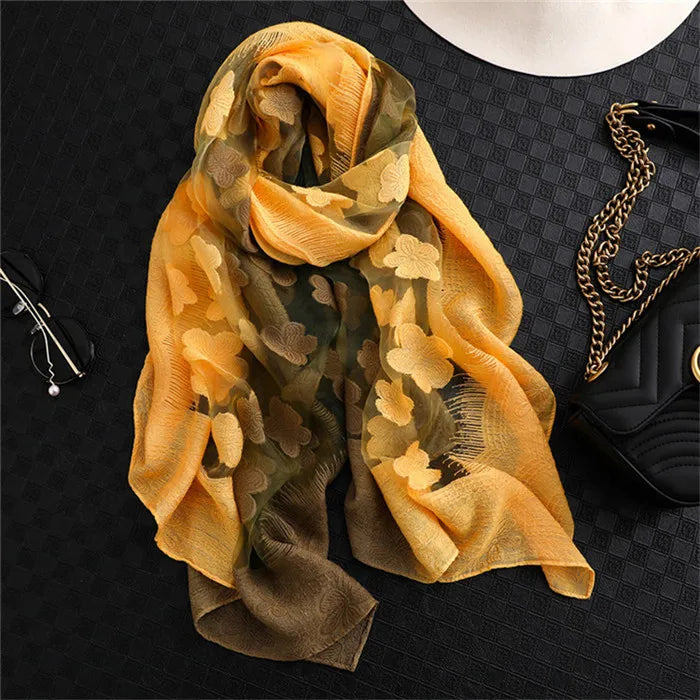 2024 NEW Fashion Women Cut Flowers Hollow Lace Gradient Flower Silk Scarf Spring Shawls and Wraps Towel Femme Beach Sjaals
