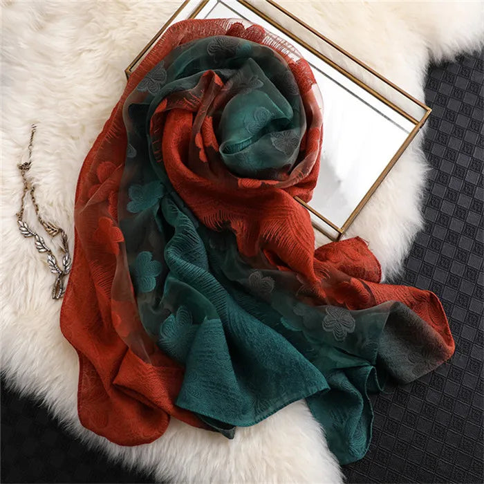 2024 NEW Fashion Women Cut Flowers Hollow Lace Gradient Flower Silk Scarf Spring Shawls and Wraps Towel Femme Beach Sjaals 16