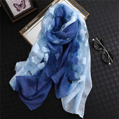 2024 NEW Fashion Women Cut Flowers Hollow Lace Gradient Flower Silk Scarf Spring Shawls and Wraps Towel Femme Beach Sjaals 12