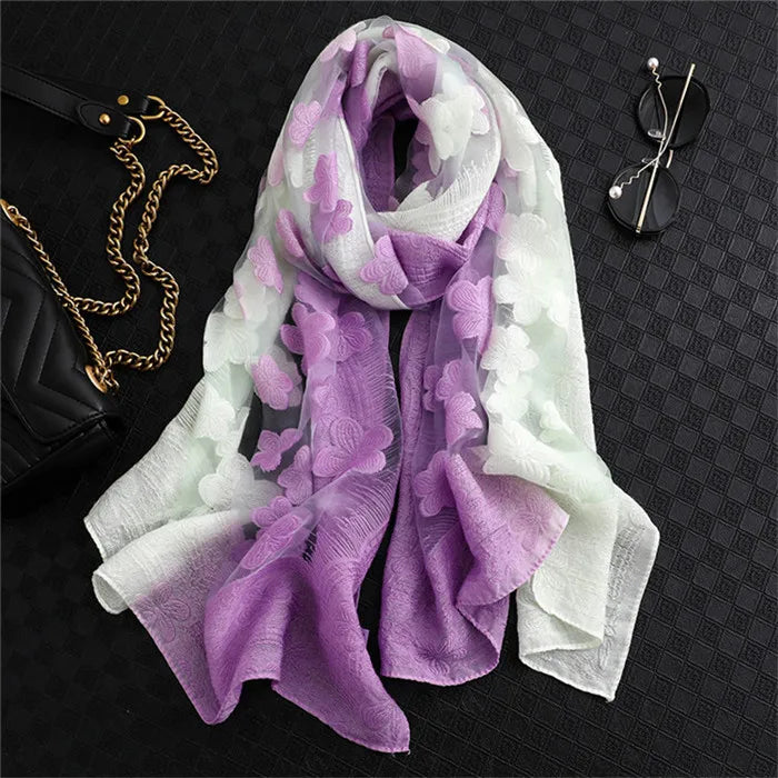 2024 NEW Fashion Women Cut Flowers Hollow Lace Gradient Flower Silk Scarf Spring Shawls and Wraps Towel Femme Beach Sjaals 3