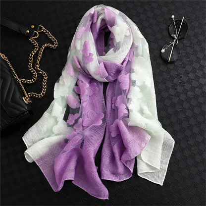 2024 NEW Fashion Women Cut Flowers Hollow Lace Gradient Flower Silk Scarf Spring Shawls and Wraps Towel Femme Beach Sjaals 3