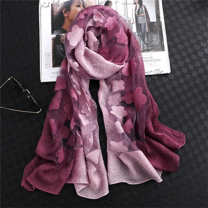 2024 NEW Fashion Women Cut Flowers Hollow Lace Gradient Flower Silk Scarf Spring Shawls and Wraps Towel Femme Beach Sjaals 1