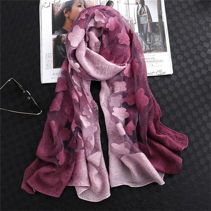 2024 NEW Fashion Women Cut Flowers Hollow Lace Gradient Flower Silk Scarf Spring Shawls and Wraps Towel Femme Beach Sjaals 1