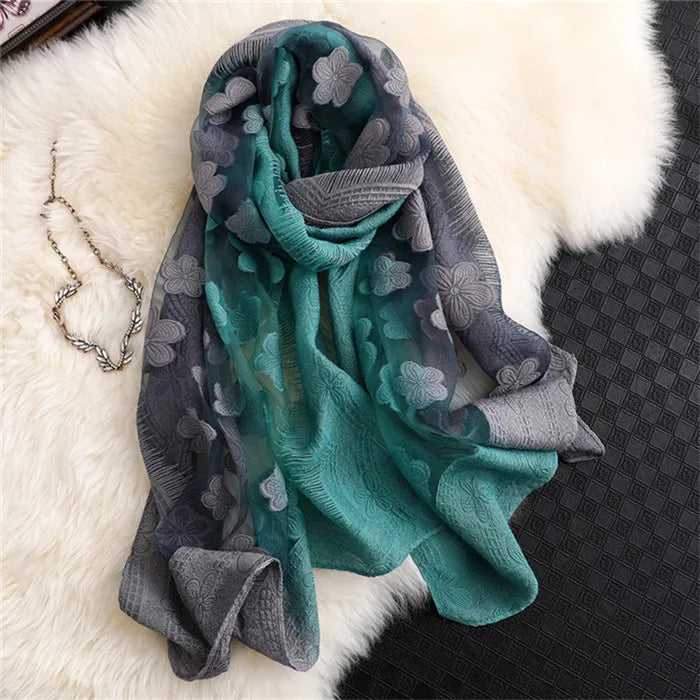2024 NEW Fashion Women Cut Flowers Hollow Lace Gradient Flower Silk Scarf Spring Shawls and Wraps Towel Femme Beach Sjaals 2