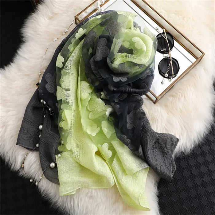 2024 NEW Fashion Women Cut Flowers Hollow Lace Gradient Flower Silk Scarf Spring Shawls and Wraps Towel Femme Beach Sjaals