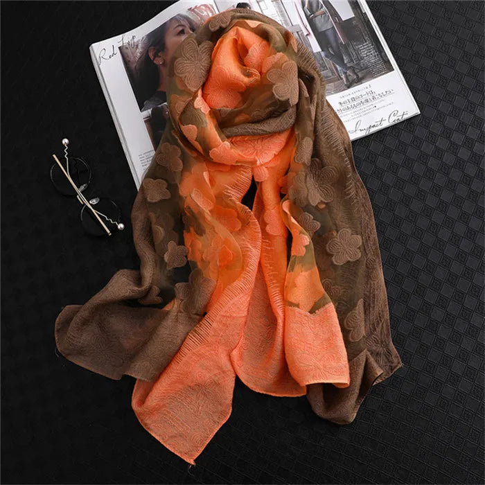 2024 NEW Fashion Women Cut Flowers Hollow Lace Gradient Flower Silk Scarf Spring Shawls and Wraps Towel Femme Beach Sjaals 29