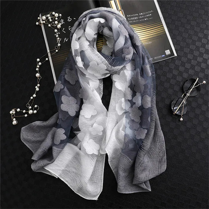 2024 NEW Fashion Women Cut Flowers Hollow Lace Gradient Flower Silk Scarf Spring Shawls and Wraps Towel Femme Beach Sjaals