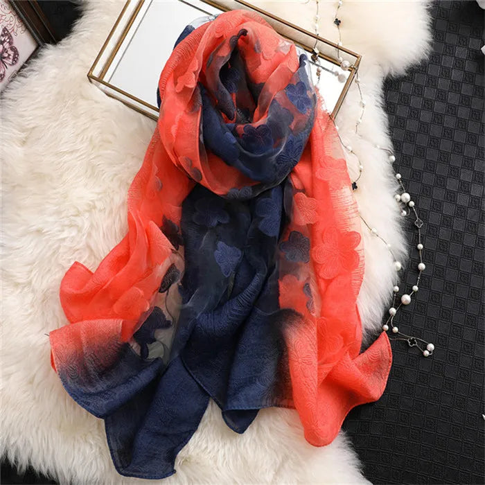 2024 NEW Fashion Women Cut Flowers Hollow Lace Gradient Flower Silk Scarf Spring Shawls and Wraps Towel Femme Beach Sjaals 23