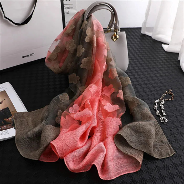 2024 NEW Fashion Women Cut Flowers Hollow Lace Gradient Flower Silk Scarf Spring Shawls and Wraps Towel Femme Beach Sjaals