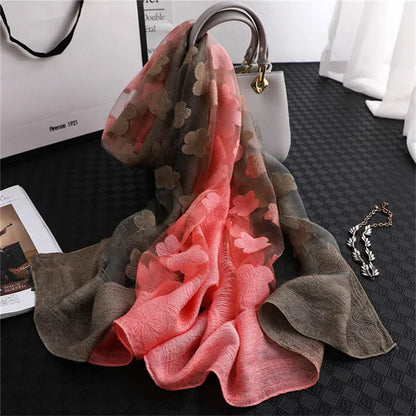 2024 NEW Fashion Women Cut Flowers Hollow Lace Gradient Flower Silk Scarf Spring Shawls and Wraps Towel Femme Beach Sjaals 31