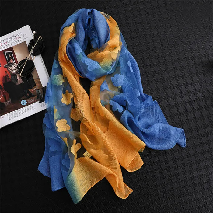2024 NEW Fashion Women Cut Flowers Hollow Lace Gradient Flower Silk Scarf Spring Shawls and Wraps Towel Femme Beach Sjaals 26