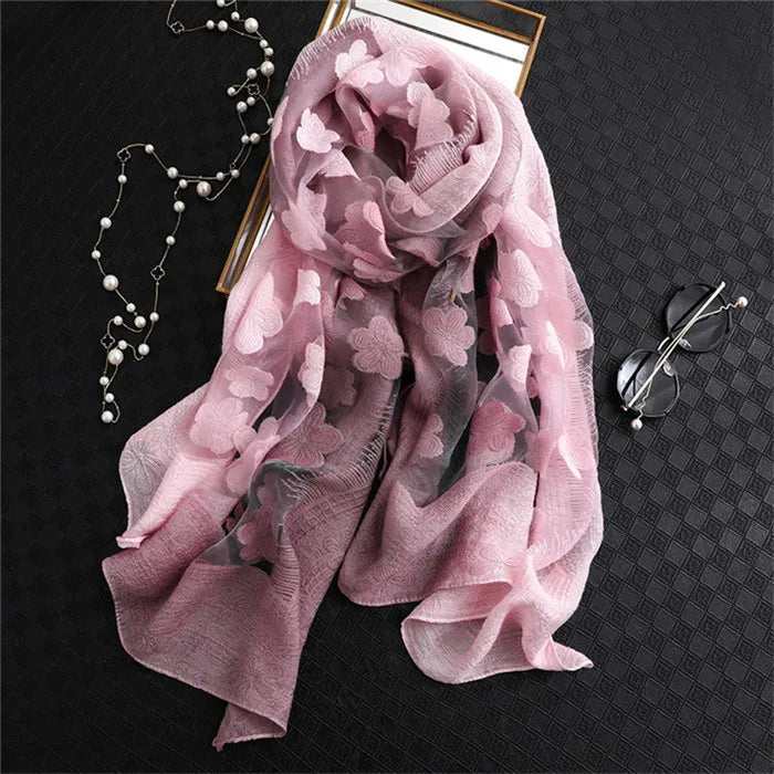 2024 NEW Fashion Women Cut Flowers Hollow Lace Gradient Flower Silk Scarf Spring Shawls and Wraps Towel Femme Beach Sjaals 5