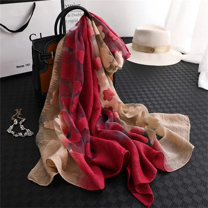 2024 NEW Fashion Women Cut Flowers Hollow Lace Gradient Flower Silk Scarf Spring Shawls and Wraps Towel Femme Beach Sjaals