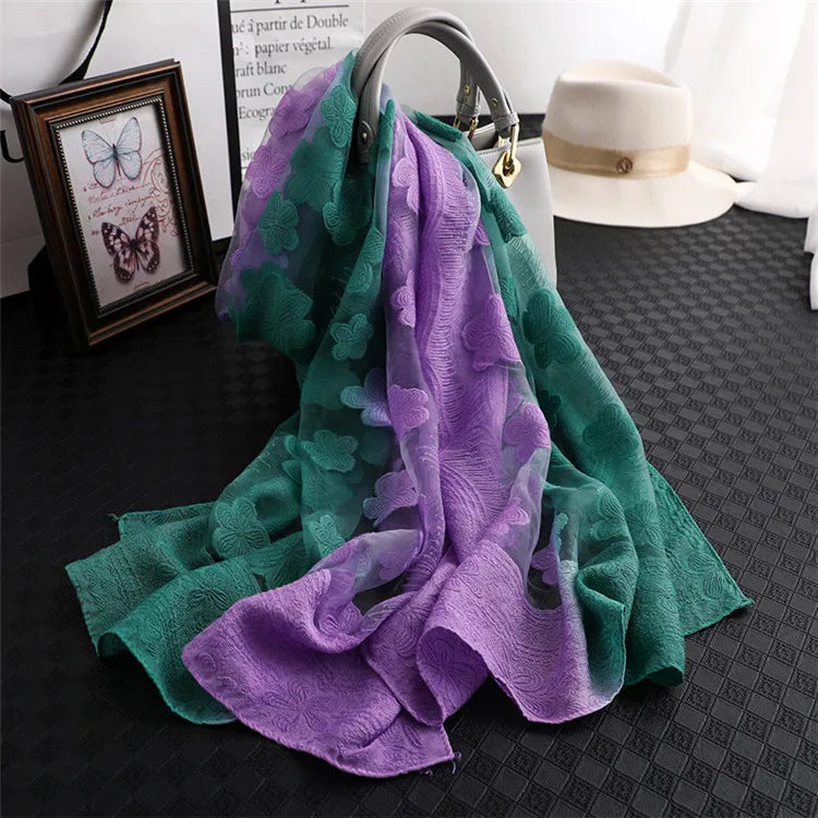 2024 NEW Fashion Women Cut Flowers Hollow Lace Gradient Flower Silk Scarf Spring Shawls and Wraps Towel Femme Beach Sjaals 4