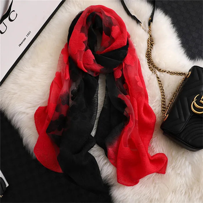 2024 NEW Fashion Women Cut Flowers Hollow Lace Gradient Flower Silk Scarf Spring Shawls and Wraps Towel Femme Beach Sjaals