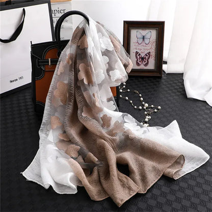 2024 NEW Fashion Women Cut Flowers Hollow Lace Gradient Flower Silk Scarf Spring Shawls and Wraps Towel Femme Beach Sjaals 11