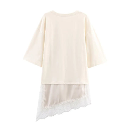 Fashion Elegant Lace Patchwork T-shirt Short Sleeve Solid Color Loose Tops Casual O-Neck Female Top Summer