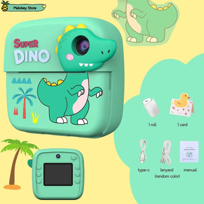 Kids Photo Camera Printer with Game Cute Pink Blue Mini Digital Video Child Instant Print Camera 4-12 Years Kids Girls Boys Gift Dinosaurs-Set1