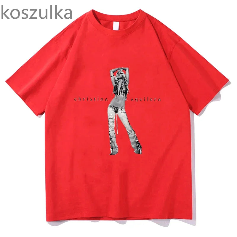 The 25th Anniversary of Christina Aguilera T-Shirt Unisex Fashion Men Women 100% Cotton Tee Shirt Graphic Aesthetic Tops Clothes H867-red