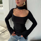 Women'S Fall/Winter New Arrival Solid Color Hanging Neck Square Collar Slim-Fit Elegant Slit Long-Sleeve Causal Top black