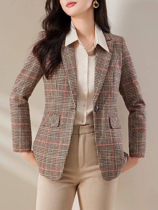 Women's Slim-Fit Tartan Blazer Single-Button Closure Wool Blend Professional Office Jacket Elegant Commuter Suit Top