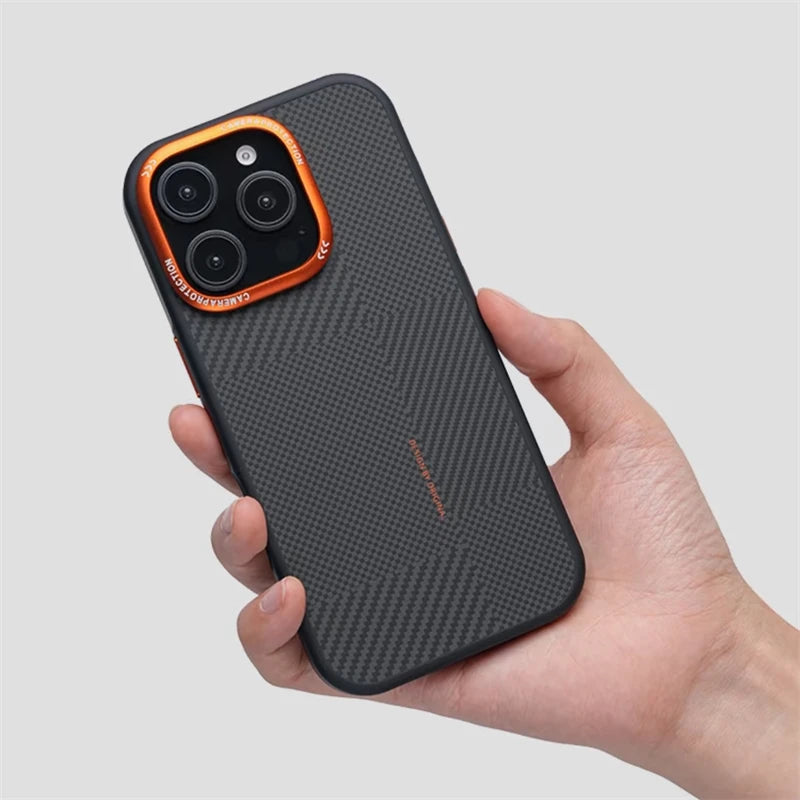Matte Carbon Fiber Texture MagSafe Phone Case For iPhone 17 16 15 14 Pro Max 17Air Wireless Charging Alloy Lens Shockproof Cover
