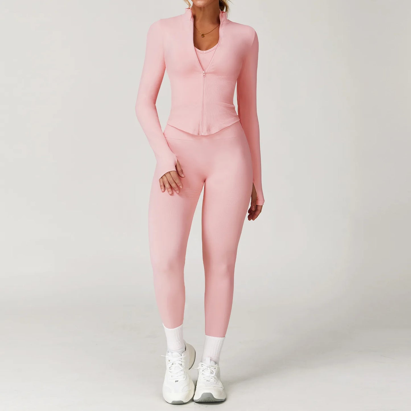 2/3/4PCS Yoga Set Gym Clothes Sportswear Seamless Yoga Suits For Women Fitness Long Sleeved Tracksuits Sports Bra Gym Leggings Peach Powder Set 4 China Mainland