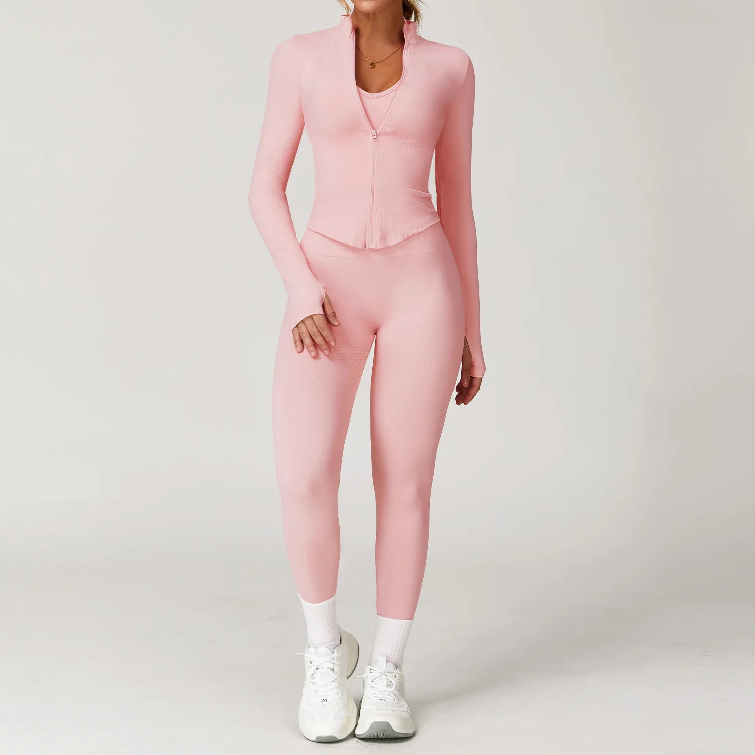 2/3/4PCS Yoga Set Gym Clothes Sportswear Seamless Yoga Suits For Women Fitness Long Sleeved Tracksuits Sports Bra Gym Leggings Peach Powder Set 4 China Mainland