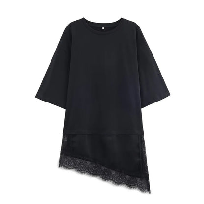Fashion Elegant Lace Patchwork T-shirt Short Sleeve Solid Color Loose Tops Casual O-Neck Female Top Summer Black