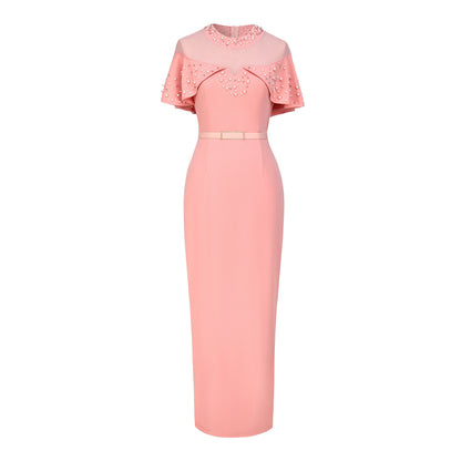2025 Fashion Elastic Banquet Elegant Dress with Beaded Tulle Shawl Sleeves, Belted, Slim-Fitting, and Pencil Long Skirt