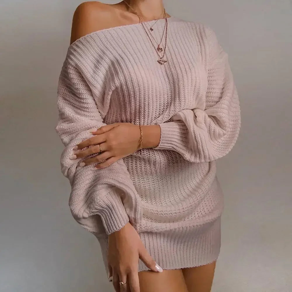 Cold Shoulder Knit Sweater Dress Wheat color