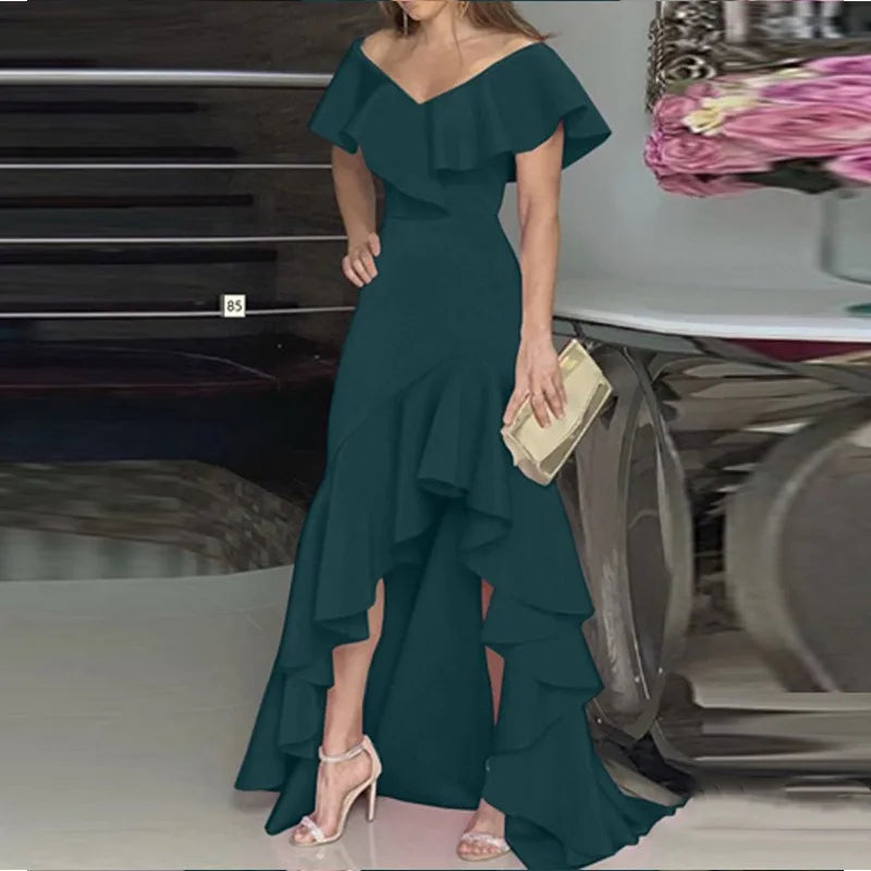 Beauty style elegant V-neck ruffled irregular elegant dress green
