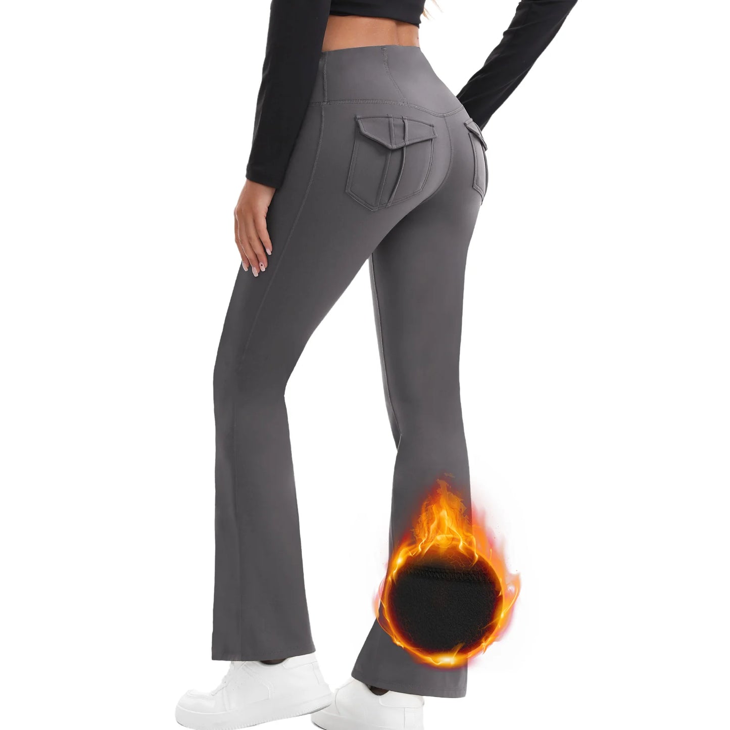 Women's High Waisted Flared Yoga Pants with Pockets Tummy Control Bootcut Leggings for Gym Fitness Casual Wear Light greyThermal