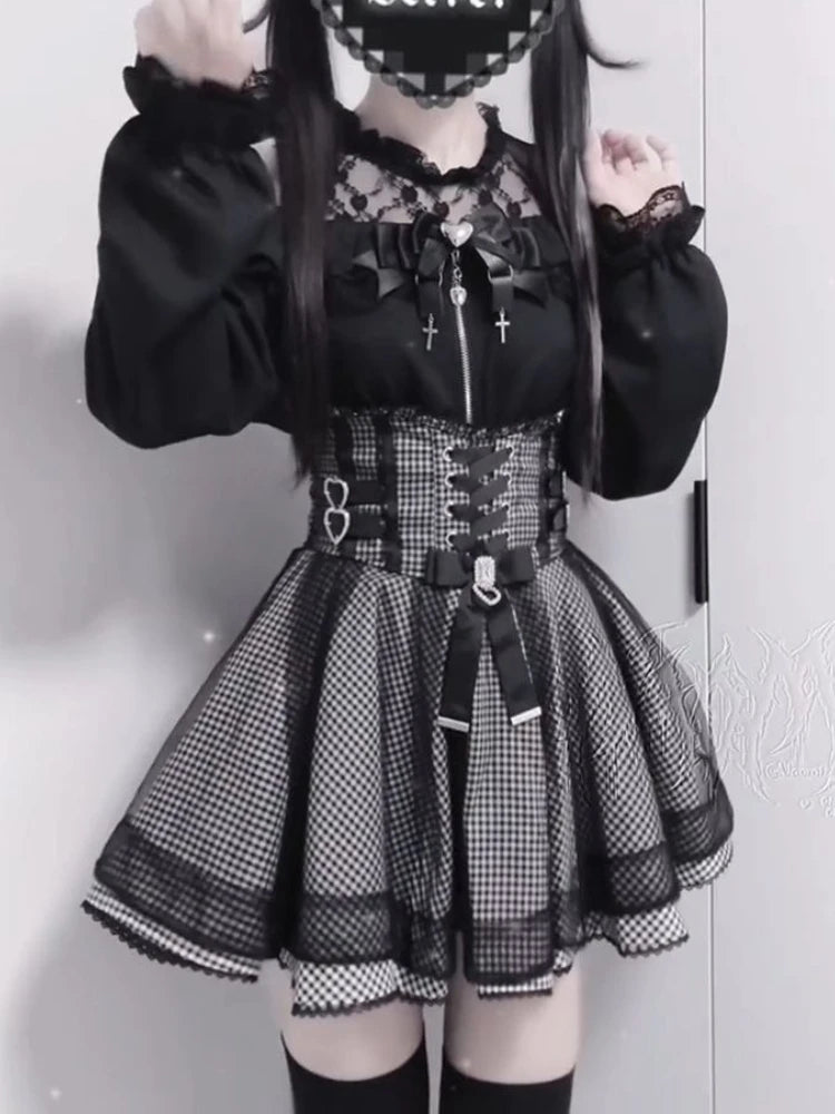 Sweet Elegant Kawaii Slim Off Shoulder Suit Women's Japanese Lovely Lace New Black Short Skirt Suit Fashion Vintage Lolita Set