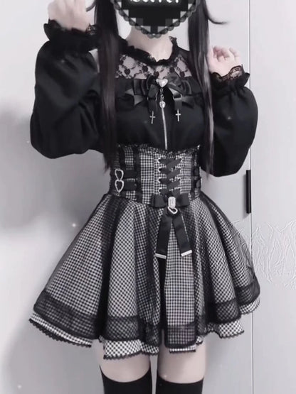 Sweet Elegant Kawaii Slim Off Shoulder Suit Women's Japanese Lovely Lace New Black Short Skirt Suit Fashion Vintage Lolita Set