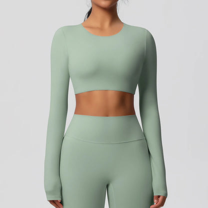 Yoga Shirts For Women Long Sleeve With Padded Fitness Running Gym Clothes Workout Dry Fit Breathable High Elastic Sports Top Light Green