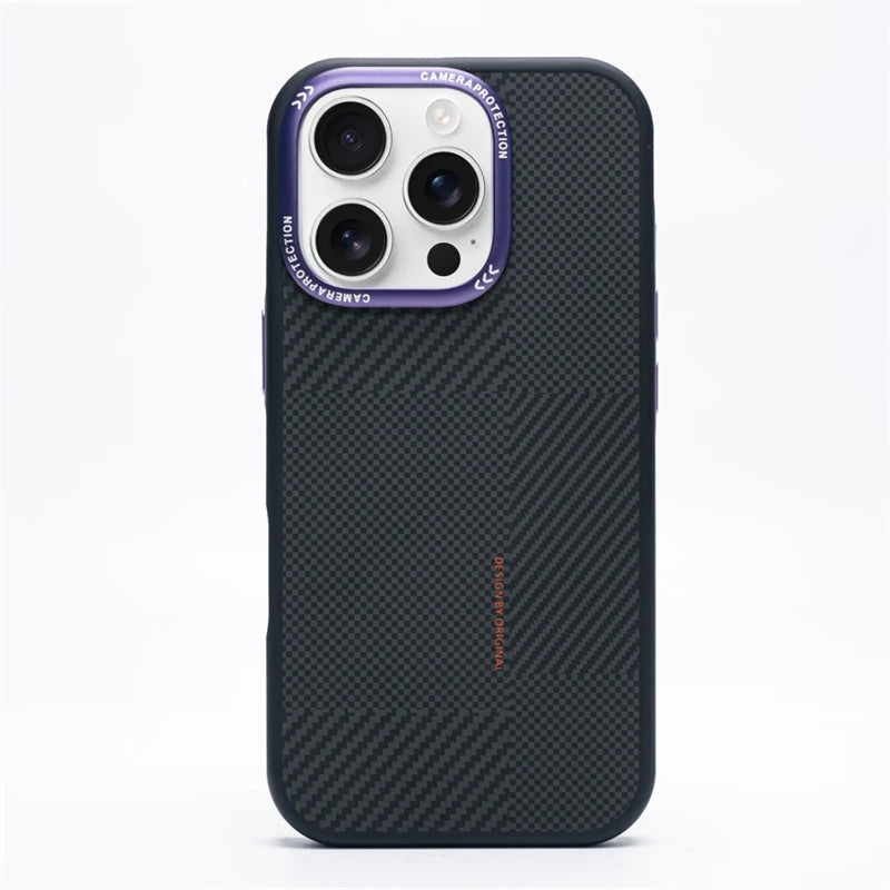 Matte Carbon Fiber Texture MagSafe Phone Case For iPhone 17 16 15 14 Pro Max 17Air Wireless Charging Alloy Lens Shockproof Cover Purple