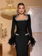 Newest Fashion 2025 Party Vestido Women's Diamonds Feather Tight Long Maxi Dress Long sleeves Elegant Evening Banquet Gowns