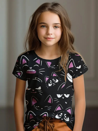 Kids Clothes Children's T-Shirt Girl Short Sleeve Top Cartoon Cat Kawaii Girls Summer Clothes Child T-Shirt Children's Clothing S35TX3378 CHINA