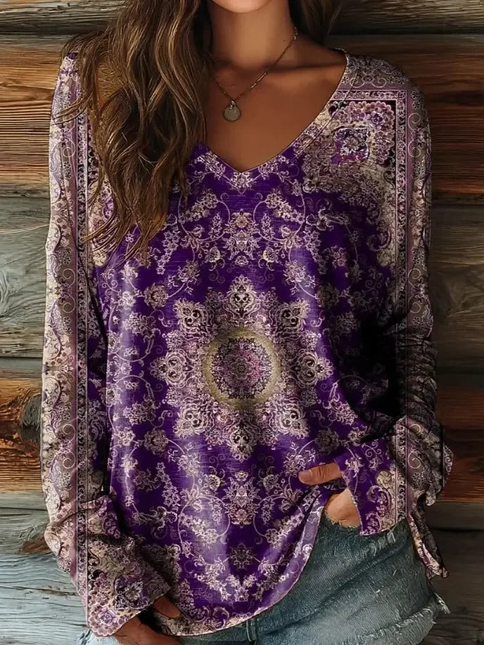 Vintage Women's T-Shirt Floral Graphic Plants Elegant Fashion Tee Long Sleeve T-shirts V-Neck Regular Tops Pullover Fall Winter AF2593LAQED41CW