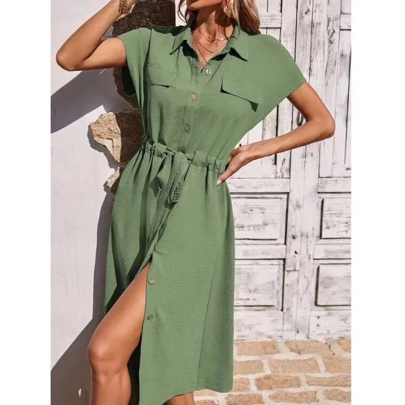 Summer Shirt Collar Waist Skirt